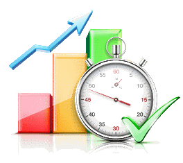 Bar and line graphs showing an upward trend, with a stopwatch and green check mark.